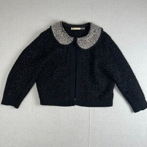 Alice + Olivia Akira Embellished Textured Beaded Knit Cardigan Black Size L